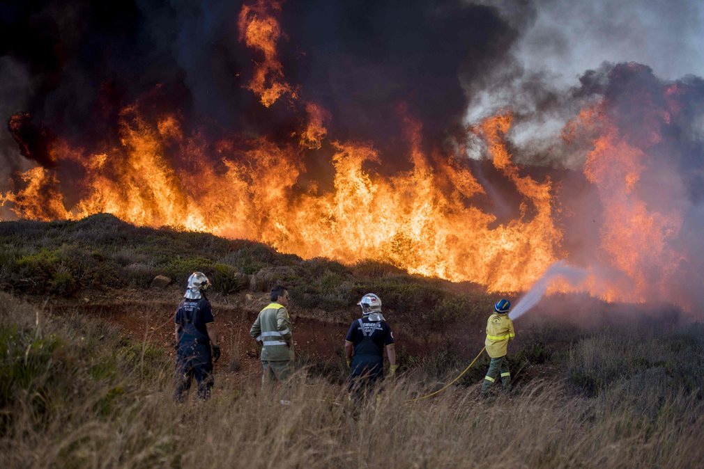 آتش نشانان اسپانیایی در حال خاموش کردن آتش جنگل la linea de la concepcion