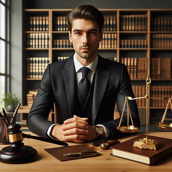 وکیل پایه یک دادگستری در حال بررسی پرونده‌های حقوقی پشت میز کار در دفتر و