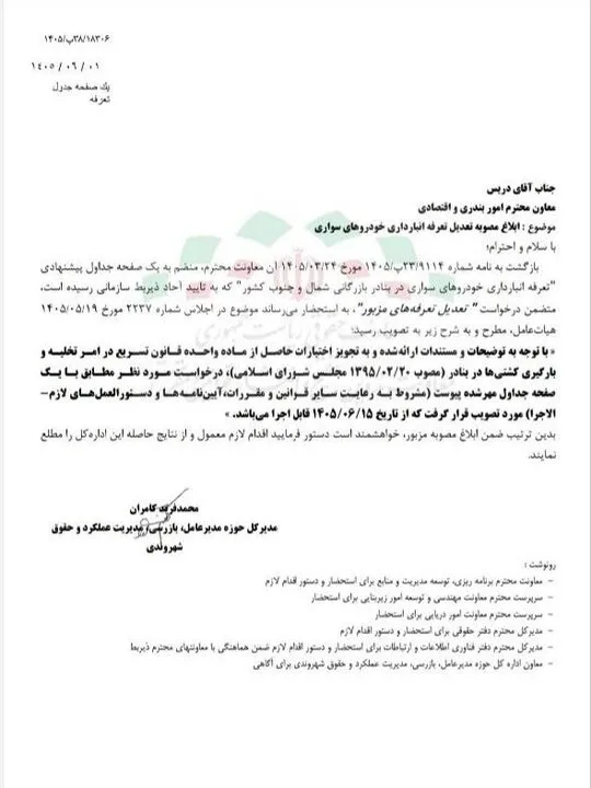 تعرفه انبارداری خودروهای سواری در بنادر شمال و جنوب تعدیل شد