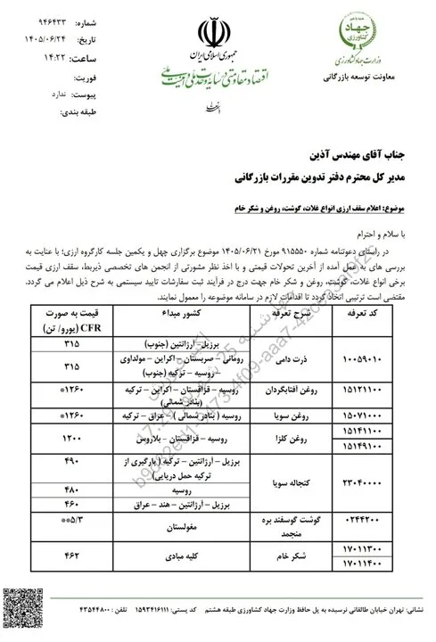 سقف ارزی واردات غلات، روغن، گوشت و شکر خام اعلام شد