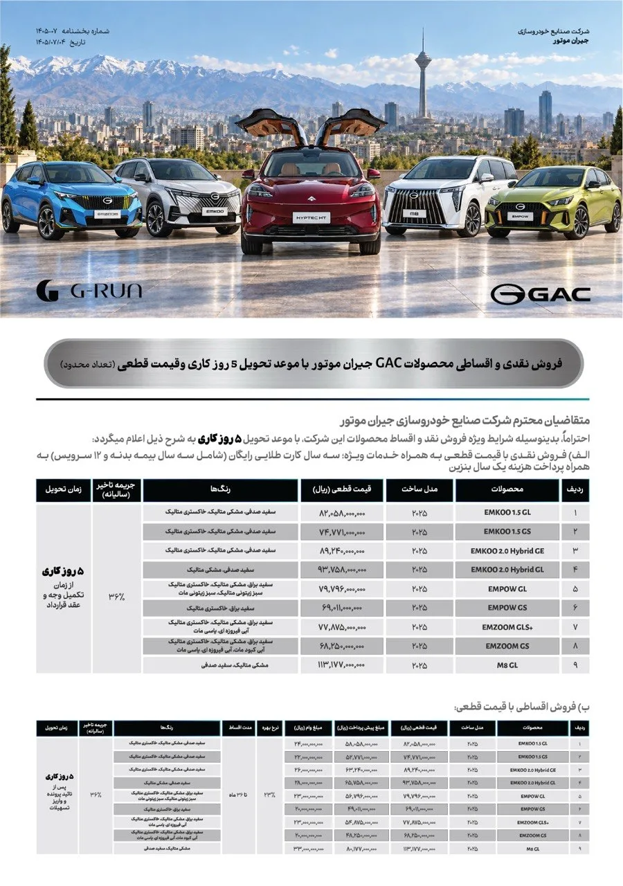 شرایط فروش نقد و اقساط محصولات جیران موتور