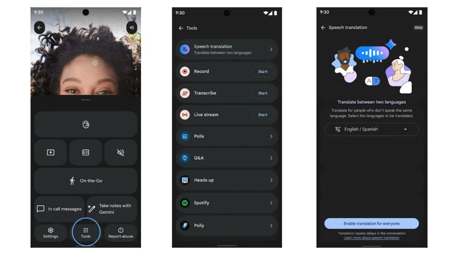 صفحه ترجمه گفتار در اپلیکیشن موبایل Google Meet صفحه ترجمه گفتار در اپلیکیشن موبایل Google Meet