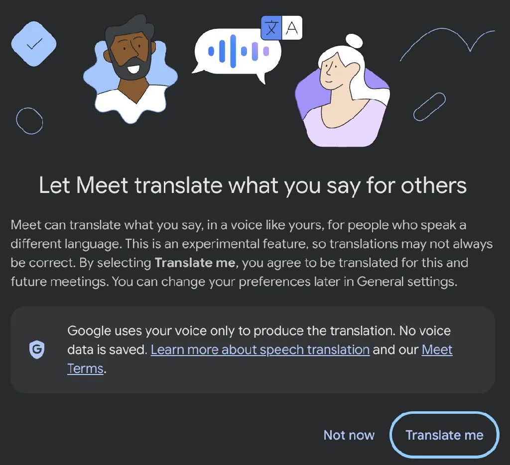 پنجره دریافت رضایت برای ترجمه صدای کاربر در Google Meet پنجره دریافت رضایت برای ترجمه صدای کاربر در Google Meet