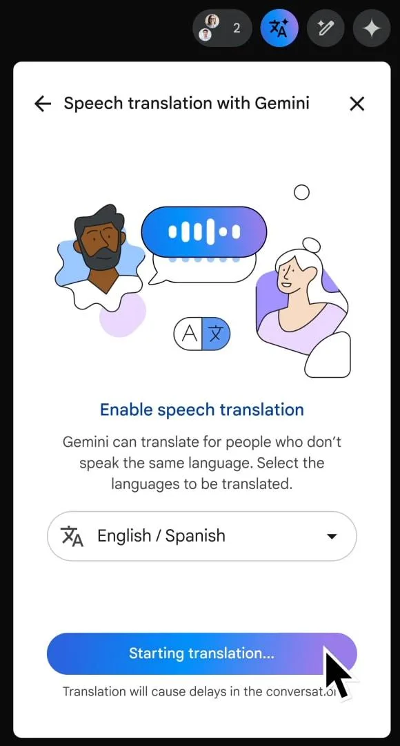 پنجره فعالسازی ترجمه صوتی در نسخه اولیه Google Meet پنجره فعالسازی ترجمه صوتی در نسخه اولیه Google Meet