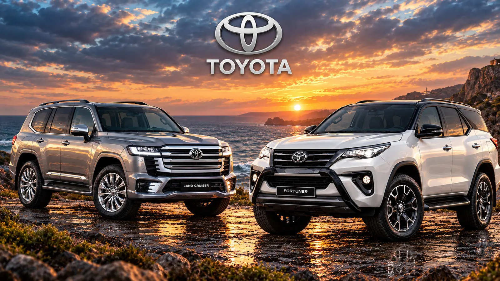 خودروهای تویوتا لندکروزر (Land Cruiser) و فورچونر (Fortuner) در ساحل هنگام غروب