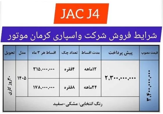 فروش اقساطی جک J4 و کی ام سی ایگل کرمان موتور