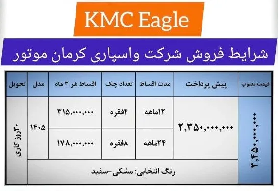 فروش اقساطی جک J4 و کی ام سی ایگل کرمان موتور