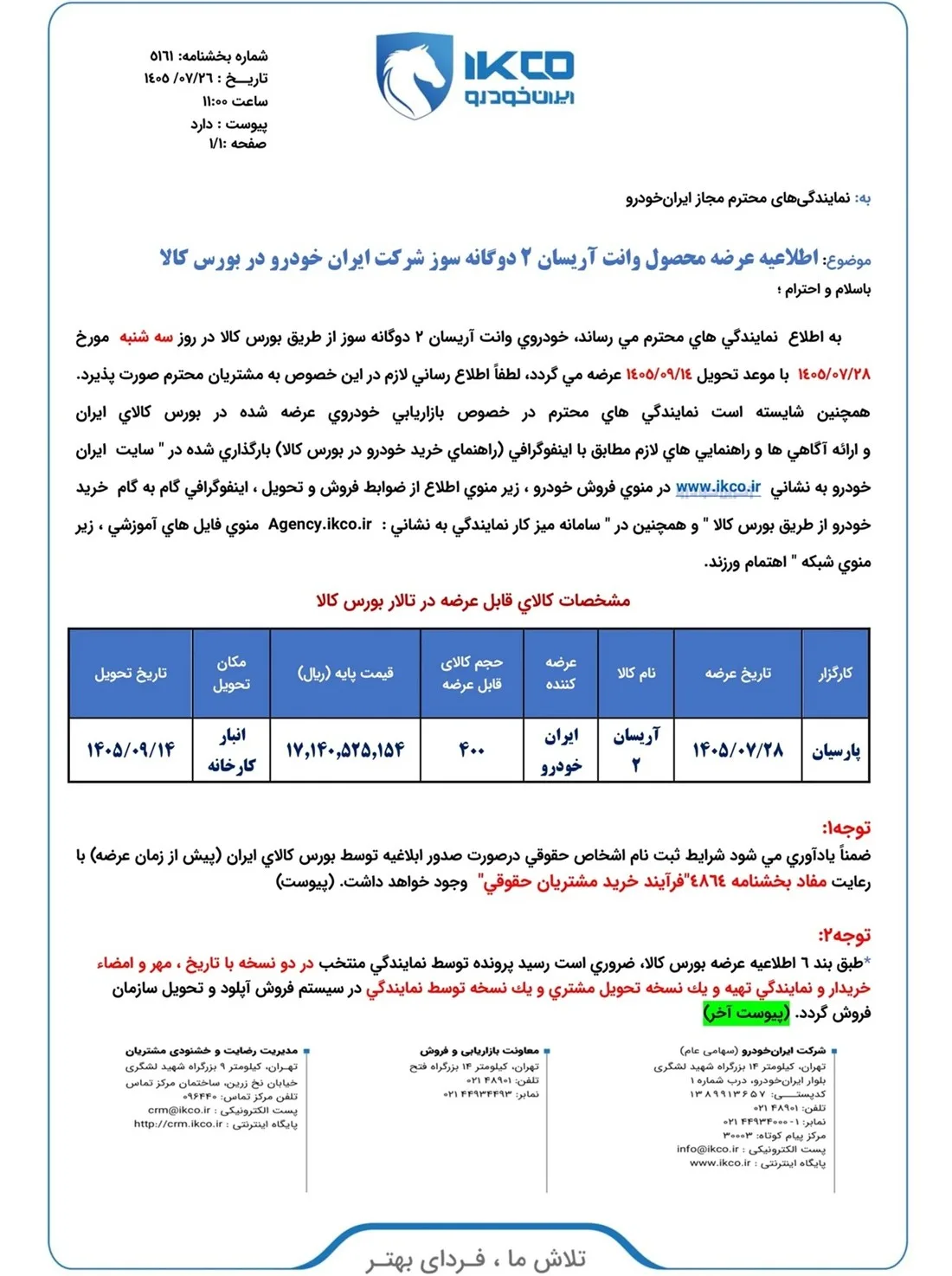 فروش آریسان ۲ در بورس کالا